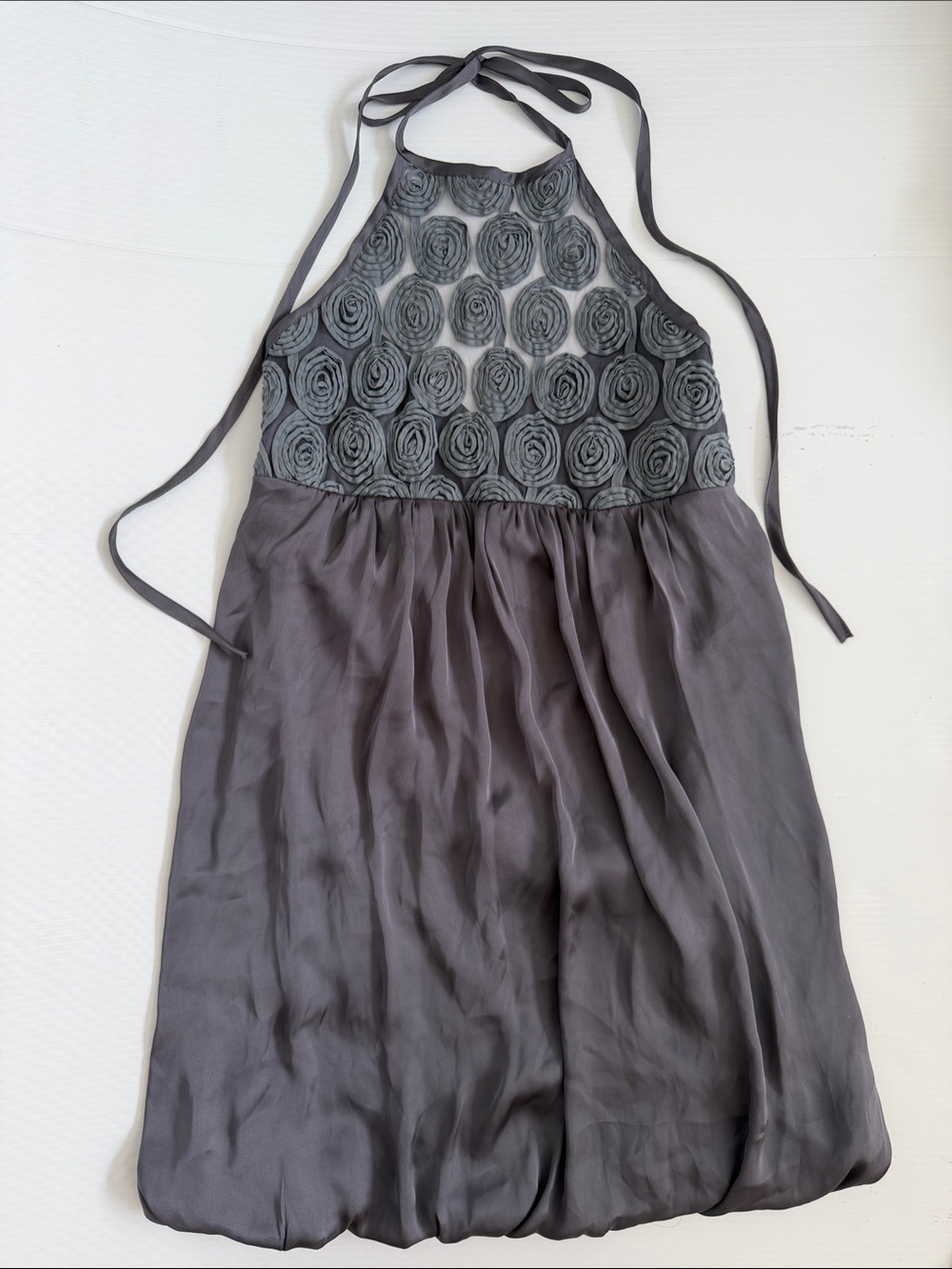 Sleeveless Halter Rosette Bodice Gray Bubble Skirt Cocktail Dress